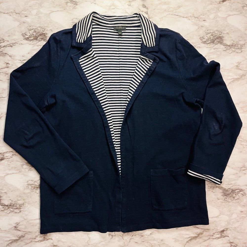 Talbots Cardigan Sweater Open Front Blue Women M Nautical Preppy Coastal Work